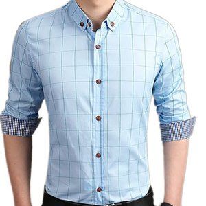 Men's 100% Cotton Long Sleeve Plaid Slim Shirt